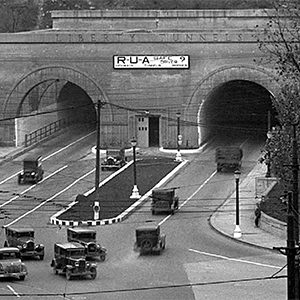 black and white photo of Liberty Tunnels