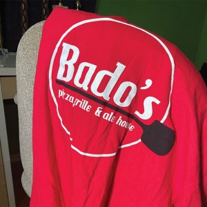 red t shirt for Bado's pizza