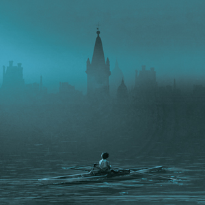 illustration of boy rowing in a dark river