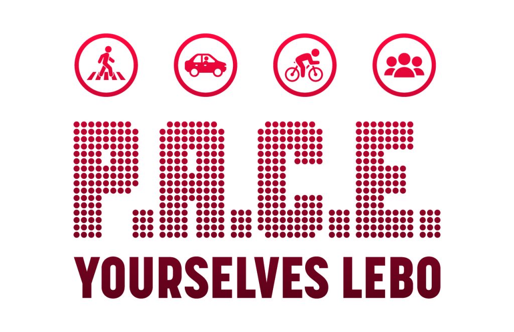 red logo: PACE Yourselves Lebo. icons of a pedestrian, car, cyclist and people