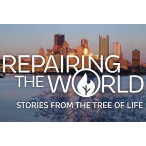 logo: repairing the world stories from the tree of life. downtown pittsburgh image in background