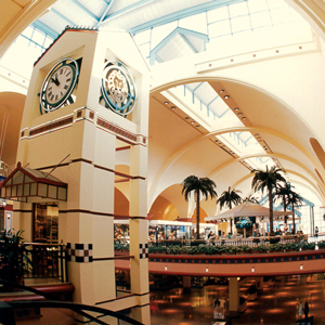 inside of mall with palm trees