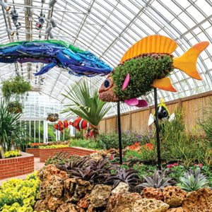 Phipps conservatory art and garden display with fish and leaves