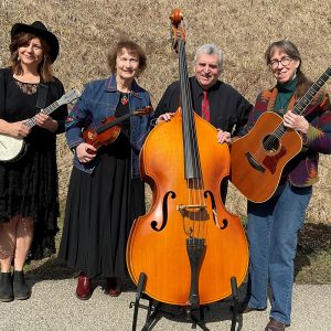 a man and two women holding instruments, a banjo, a violin, a bass, and acoustic guitar