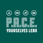 White logo on a dark green background