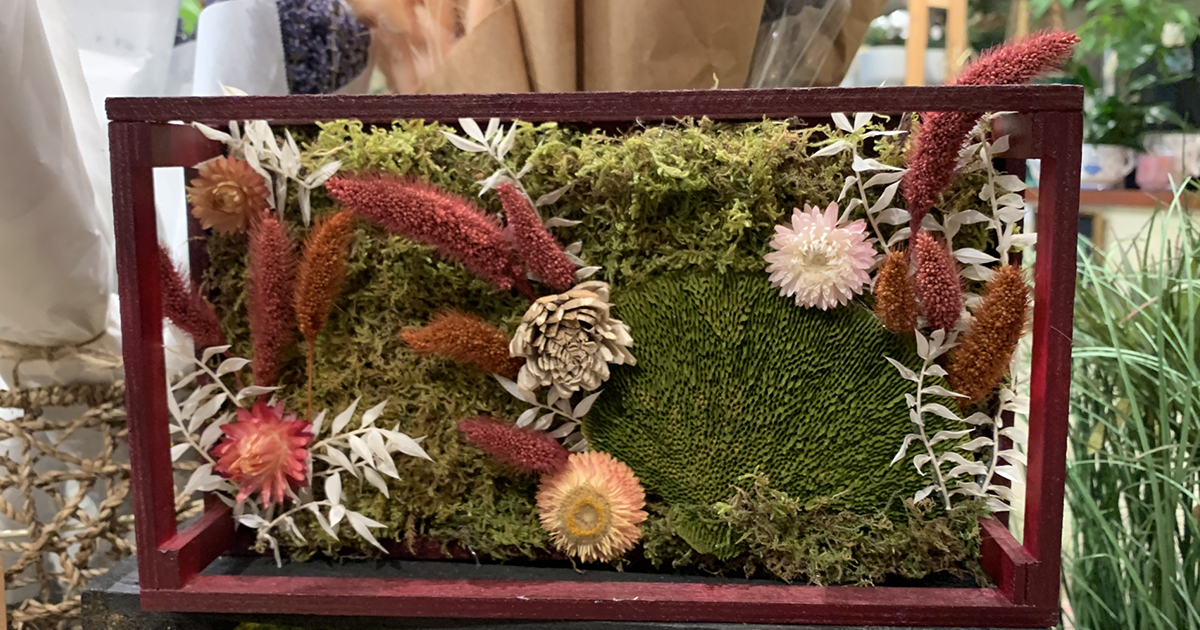 decorative flowers in a red box frame
