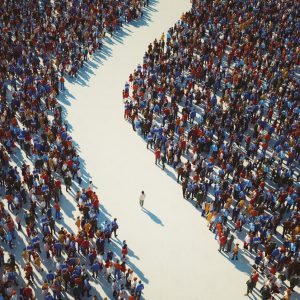 Man walking in crowds of people. 3D generated image.