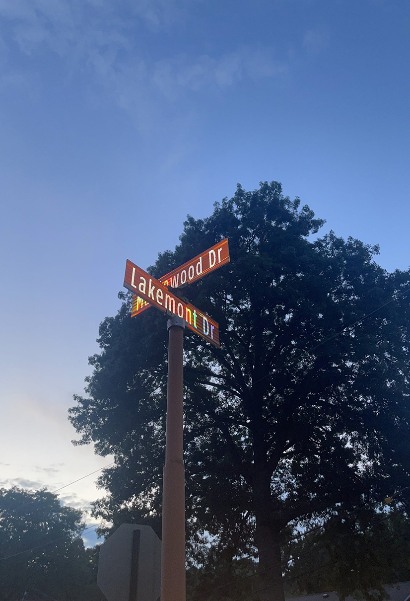 street sign for Lakemont Drive with tree