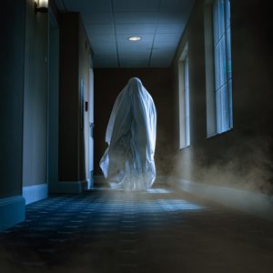 A ghostly figure walking through a dark misty hallway