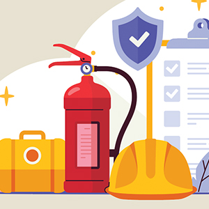 Illustration of fire safety inspection equipment, yellow hard had, red fire extinguisher, clipboard with a checklist, a purple shield with a checkmark and a yellow briefcase with white ovals over a tan background.