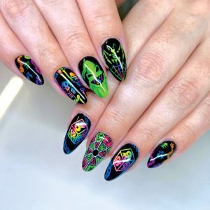 nail art with Halloween theme and neon