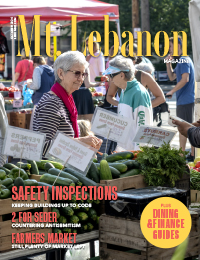cover of October Mt. Lebanon Magazine with older woman purchasing food at farmers market