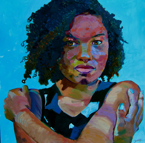 a painting of a young girl holding her shoulders
