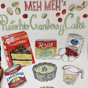 illustration of recipe of pistachio cranberry cake
