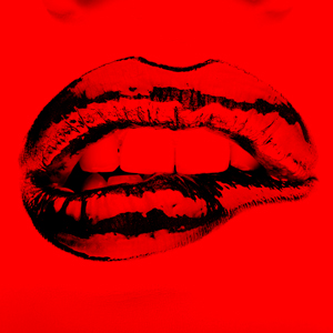 red and black image of a woman biting her lip with dark lipstick