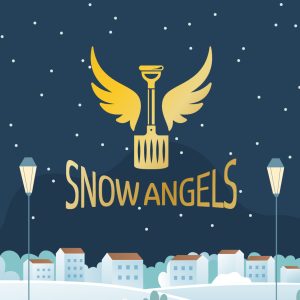 illustration that reads snow angels. houses, lamp posts, a shovel with wings and snowing sky