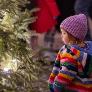 girl with purple hat and rainbow jacket looks at lit holiday tree