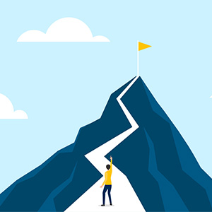 illustration of a man in yellow climbing a mountain with a flag at the top