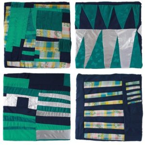 four quilts with silver, blue, yellow and green fabrics