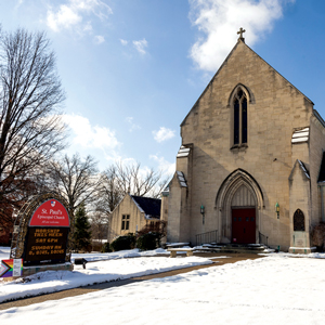 St. Paul's church exterior with snow on the ground.