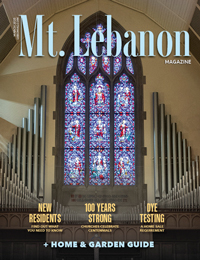 Mt. Lebanon Magazine March cover with a church pulpit, stained class and organ pipes