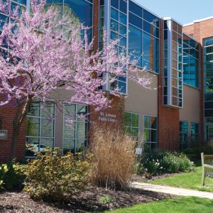 The back of the building of Mt. Lebanon Library, there is a cherry blossom tree blooming in the foreground