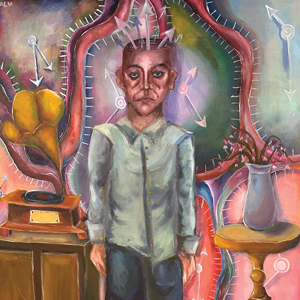 A surrealist moody looking painting of a man with arrows coming out of the top of his head, behind the man is a cabinet and old fashioned record play, and a small table with a pot and wilted flowers on it. On the wall behind that is abstract wavey looking clocks with the hands of the clock pointing in all different directions