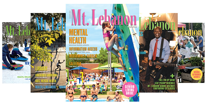 five covers of Mt. Lebanon Magazine in a row ona. white background