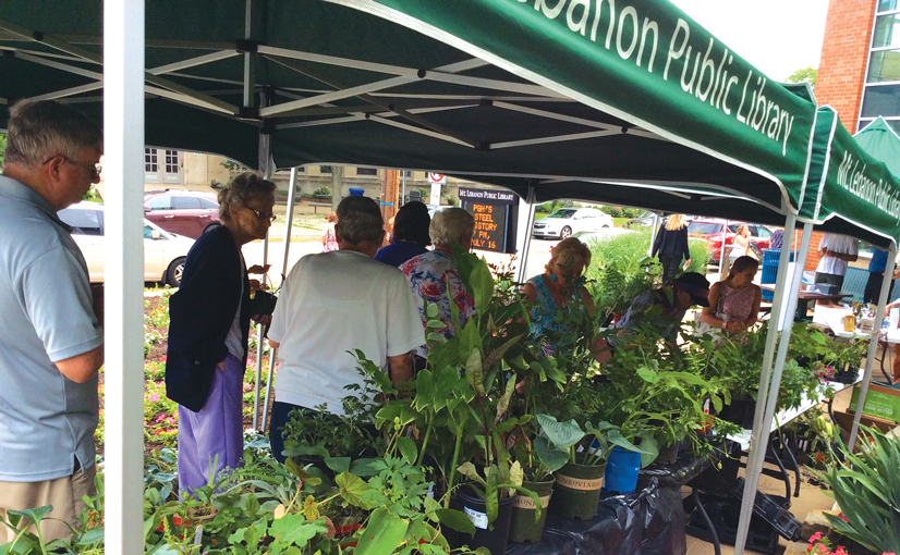 several people standing under tents that have mt. lebanon library on them, looking at plants and greenery to buy