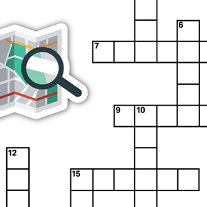Close up image of blank crossword puzzle squares and an icon style illustration of a magnifying glass over a map with a red and yellow line and gray and green shapes.