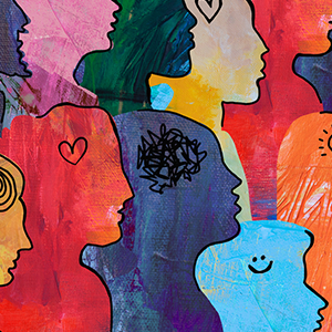Colorful silhouettes overlap, each filled with hand drawn symbols like hearts, spirals, and lightbulbs, representing diverse thoughts and emotions.