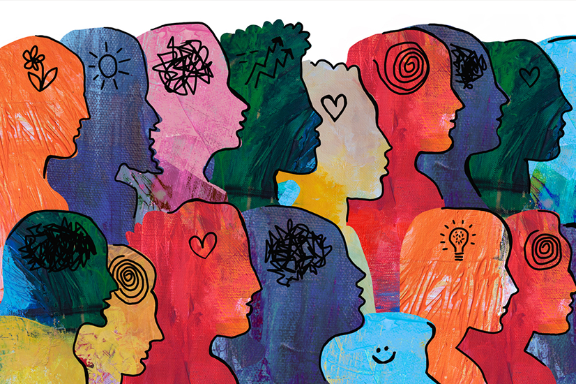 Colorful silhouettes overlap, each filled with hand drawn symbols like hearts, spirals, and lightbulbs, representing diverse thoughts and emotions.