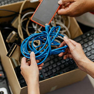 Close up photo of people putting old computer parts, smartphone and cables into cardboard box for recycling.