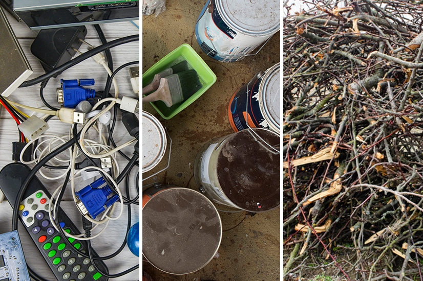 A collage of three vertical photos showing tangled electronics with cables and a remote, paint cans with brushes and a pile of tangled branches.