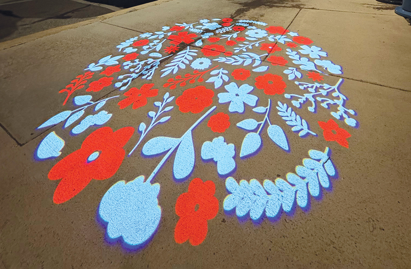A light projection of a design featuring red and blue flowers and leaves arranged in a circle