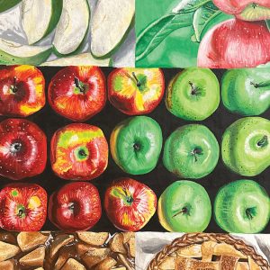 A painting of the process of making an apple pie. there is sections of apples cut up, pink apples, red and green apples, cut up and seasoned apples, and an apple pie with a slice missing