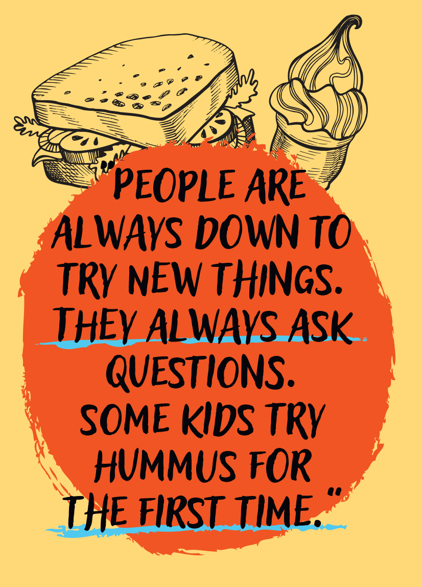 A quote with some images of a sandwich and icecream. "people are always down to try new things. They always ask questions. Some kids try hummus for the first time."