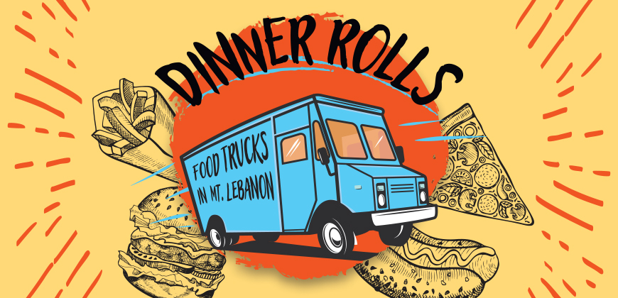 An illustration of a food truck surrounded by food in a black outline with lines all around with the title: Dinner Rolls