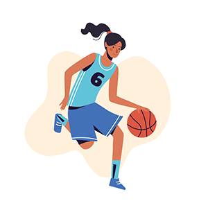 Illustration of a female basketball player with dark hair in a ponytail, wearing a blue jersey and shorts, dribbling a ball with a beige abstract shape in the background.