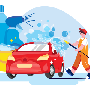 Illustration of a person wearing orange overalls and a red baseball hat washing a red car with a hose, surrounded by large soap bottles bubbles and a bucket.