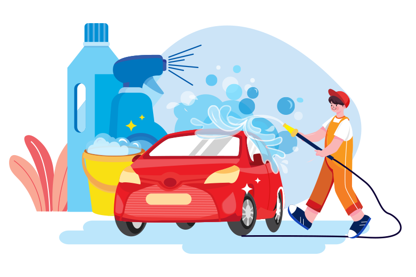 Illustration of a person wearing orange overalls and a red baseball hat washing a red car with a hose, surrounded by large soap bottles bubbles and a bucket.