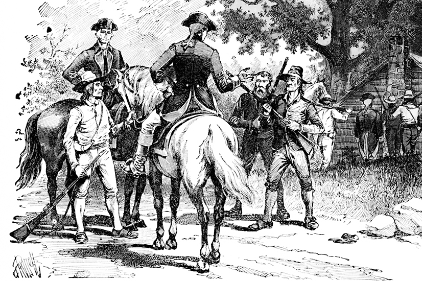 A black and white historical illustration showing a group of men in colonial attire; one on horseback and others holding rifles with trees and a cabin in the background.