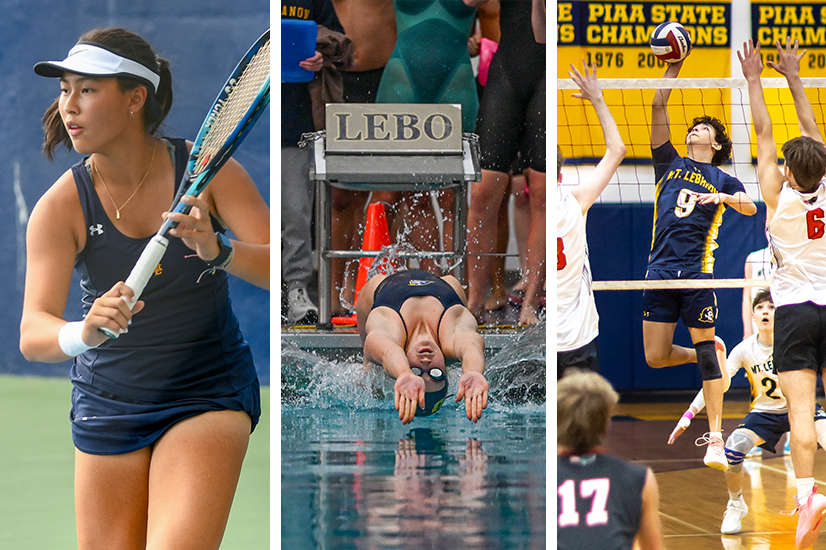 A collage of three photos of athletes in action: A tennis player in a navy blue uniform and a white visor holding a tennis racket, a swimmer with a navy blue swimsuit dives backwards into the water, and a volleyball player in a navy blue uniform jumps to set the ball at a net.