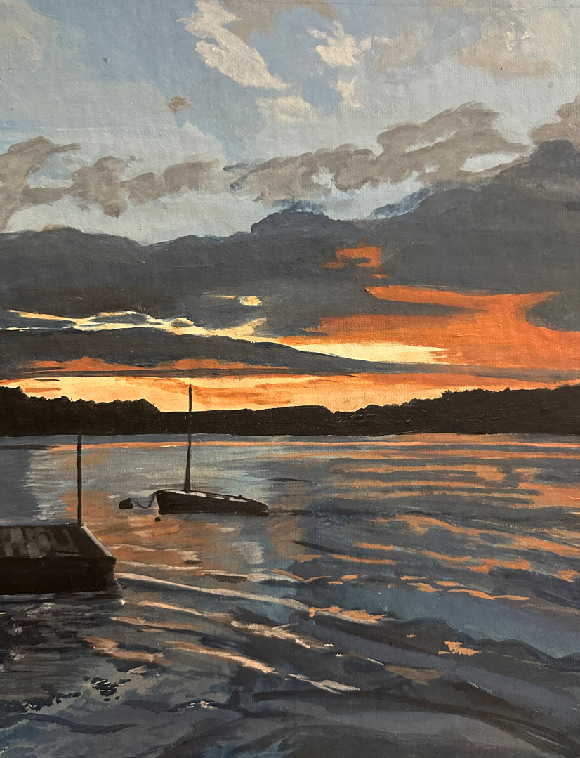 a painting of a large body of water, and a small ship, on the horizon is a sun set, there are nice blues, greys, and oranges complimenting eachother