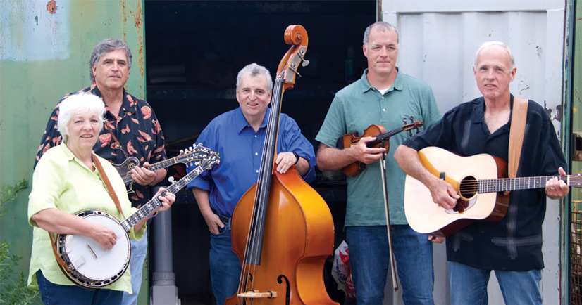 four men and a woman posing for a photo holding instruments, an acoustic guitar, mandolin, violin, upright bass, and a banjo