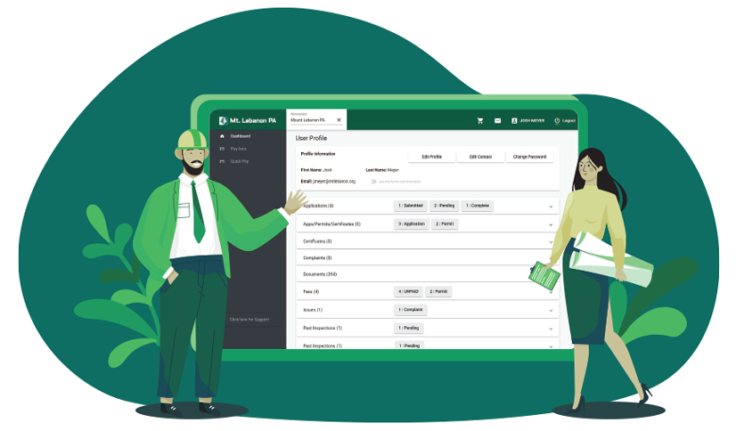 An illustration of a man and a woman in business attire standing next to an image of the Municity interface.