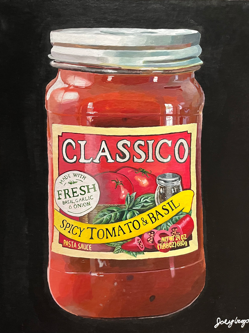 A painting of a jar of tomato sauce. The label says Classico, made with fresh basil, garlic and onion, spicy tomato & basil, on the label is images of tomatoes, basil leaves and peppers.