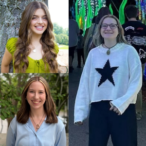 three headshots of young women with long hair