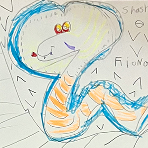 blue and orange drawing of a snake made by a child