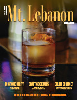 cover of Mt. Lebanon Magazine in orange font with an orange cocktail in a short glass with smoke